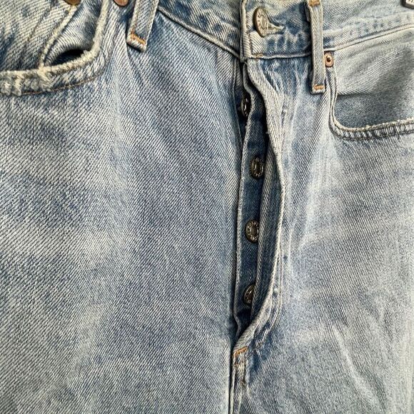 Agolde Blue Distressed Button Fly Cotton Riley High Rise Straight Jeans Size 28 - Picture 3 of 9
